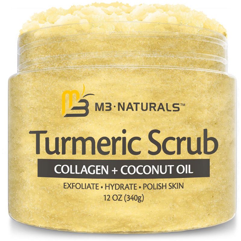 Turmeric Body Scrub, Skin Exfoliator with Collagen and Coconut Oil, M3 Naturals, 12oz, 1 of 4