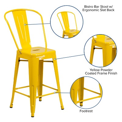Yellow Metal Slat Back Dining Chair with 24" Seat Height