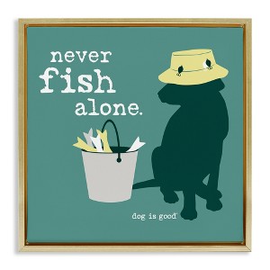 Stupell Industries Never Fish Alone Dog Floating Frame Canvas Art, Gold, 25" x 25" - 1 of 4