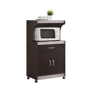 Hodedah Wheeled Kitchen Island Microwave Cart with Pull-Out Drawer and Cabinet Storage, Chocolate Grey - 1 of 4