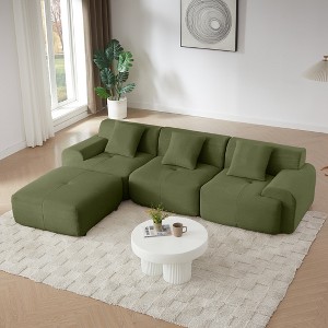 SeaCamel 113" Green Corduroy L-Shaped Sectional Sofa - 3-Seater, Deep Seat, Movable Ottoman, No Assembly - 1 of 4