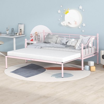 Twin Size Metal Daybed with Trundle, Daybed with Slat No Box Spring Needed For Kids Teens Bedroom Furniture