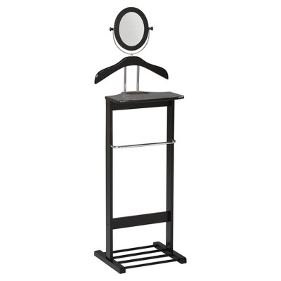 Black Chrome Wood Wardrobe Suit Valet Stand with Mirror