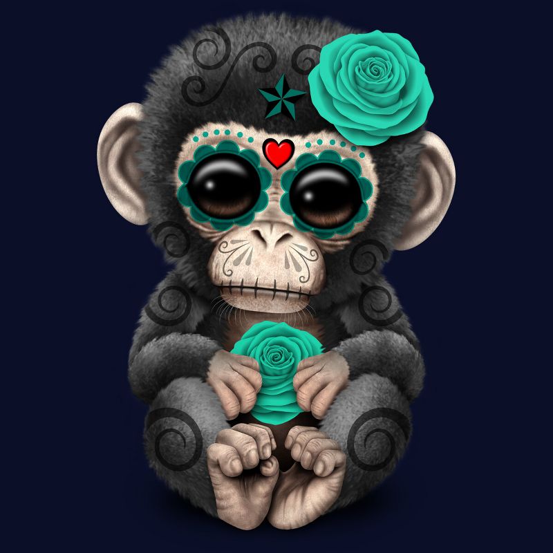Junior's Design By Humans Blue Day of the Dead Sugar Skull Baby Chimp By jeffbartels T-Shirt, 2 of 4