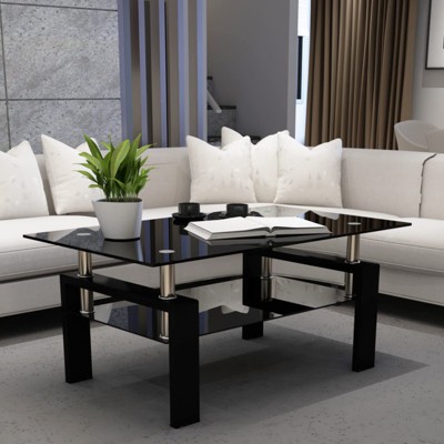 Angel Sar Modern Rectangular Glass Coffee Table, Clear Side Table, Center Table for Living Room, Black2