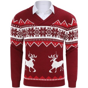 Clearlove Mens Ugly Christmas Sweaters Snowflakes Holiday Reindeer Printed Shawl Collar Knitted Long Sleeve Pullover Jumpers - 1 of 4