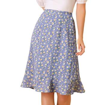 Allegra K Women's Floral Ruffle Elastic High Waist Button Flowy Split Midi Skirt