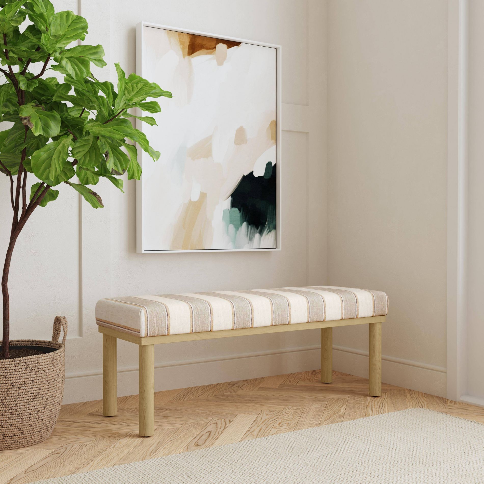 HomePop Oslo Bench Tan : Rectangle Upholstered Entryway Seating, Polyester Stripe Design, Hardwood Frame