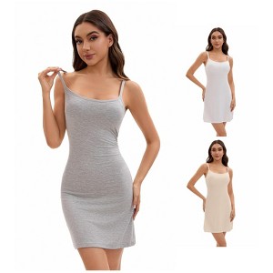INSPIRE CHIC Women's 3 Packs Adjustable Spaghetti Strap Underdress Full Slips with Built-in Bra Shapewear - 1 of 4