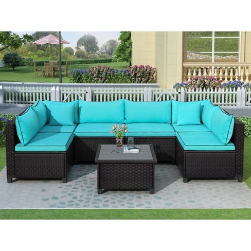 7pc Wicker Outdoor Sectional Seating Set With Cushions Dark