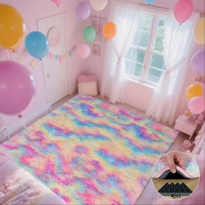 Rainbow Tie-Dye Fluffy Area Rug with Non-Slip Base & 4 Reusable Stickers, Plush Indoor Mat - 1 of 4