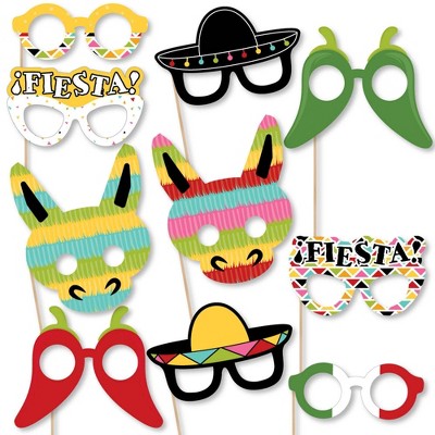 Big Dot of Happiness Let's Fiesta Glasses & Masks - Paper Card Stock Mexican Fiesta Photo Booth Props Kit - 10 Count