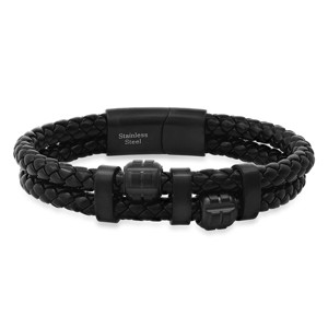 Steeltime Men's two layered black braided leather and stainless steel beads bracelet. Color Options: Silver, Black - 1 of 4