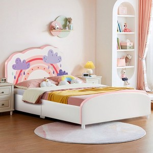 Infans Kids Upholstered Platform Bed Children Twin Size Wooden Bed Rainbow Pattern - 1 of 4