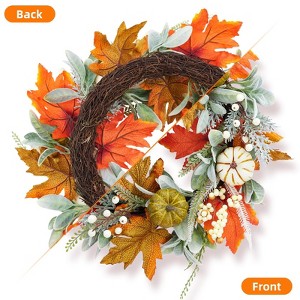 20 Inch Fall Wreath for Front Door, Autumn Maple Leaves Wreath with White Pumpkins Stripe Bow Farmhouse Decorations - 1 of 4