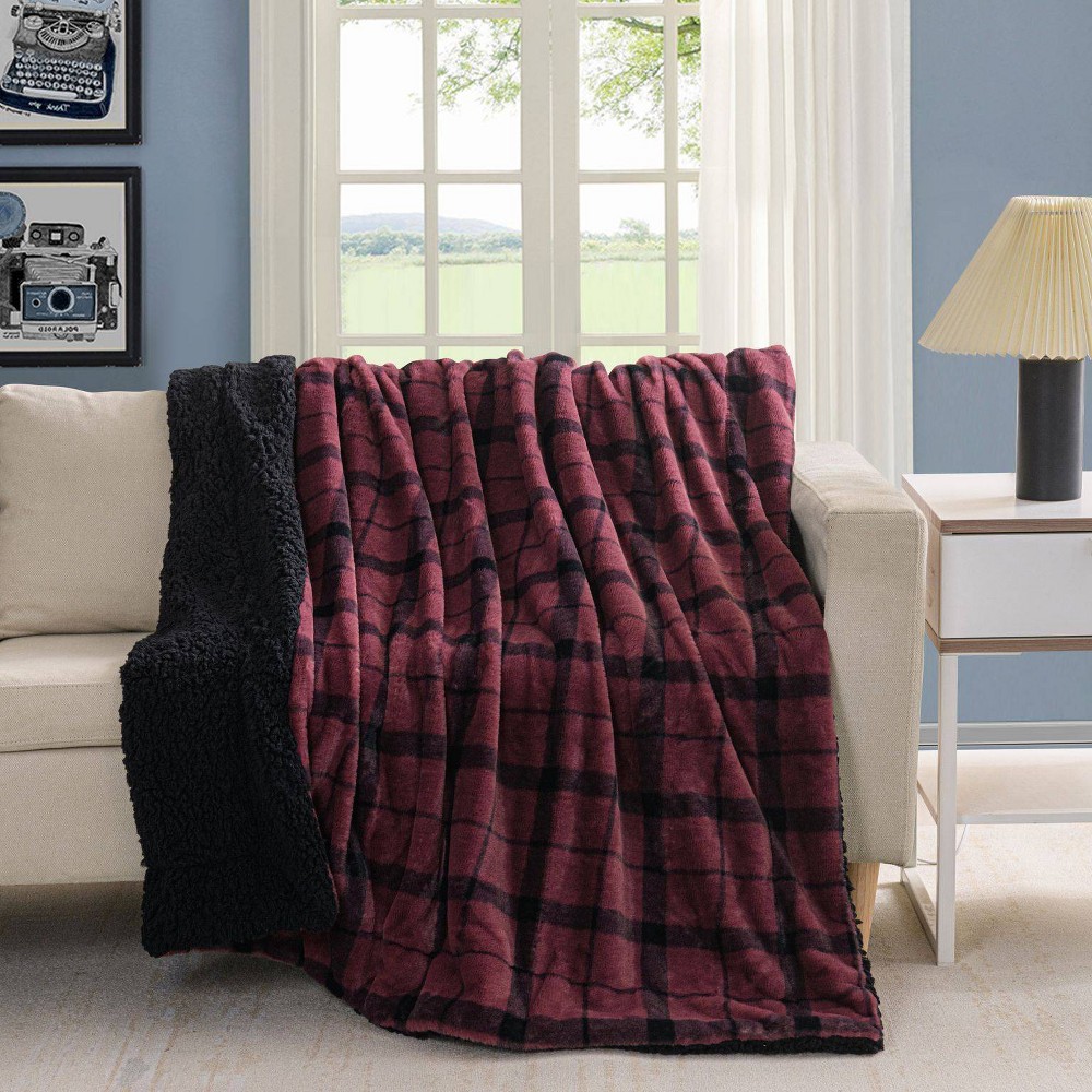 Photos - Duvet 50"x60" Printed Fur to Faux Shearling Textured Throw Blanket Wine Red/Blac