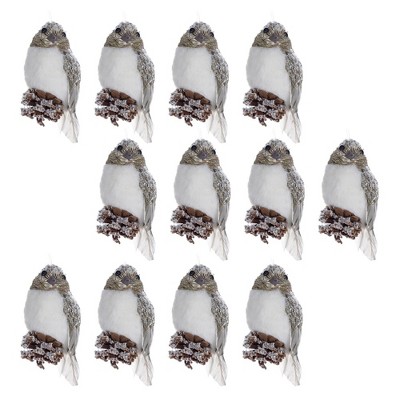 Frosted White and Brown Sisal Bird Ornament Set