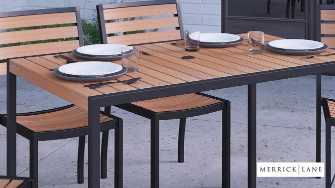 Merrick Lane 30" x 48" Outdoor Dining Table with Faux Teak Poly Slat Top and Powder Coated Steel Frame, 2 of 12, play video