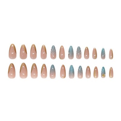 LOVELAY CREATIONS Medium Almond Ombre Blue Press-On Nails with Pearl Seashell