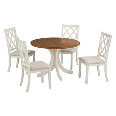 5-Piece Round Dining Table Set with Upholstered Chairs - Solid Wood Kitchen Furniture for Small Spaces - Walnut and Beige Color Scheme