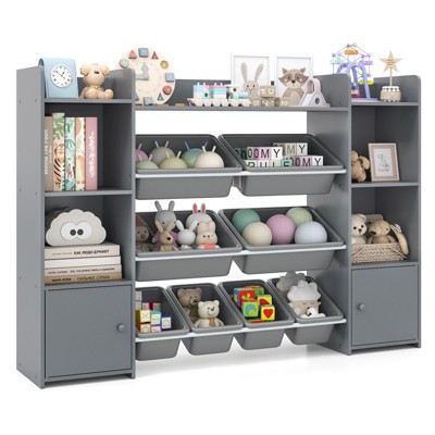 Tangkula 56" Large Toy Storage Organizer 4-Tier Kids Cubby Shelf with 8 Removable Bins and Bookshelf