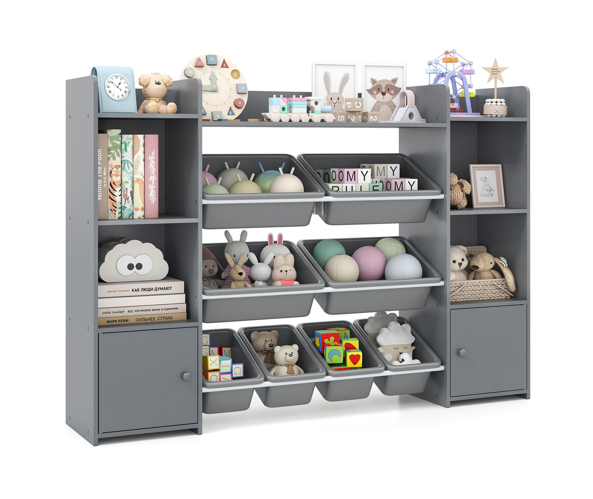 Tangkula 56" Large Toy Storage Organizer 4-Tier Kids Cubby Shelf with 8 Removable Bins and Bookshelf