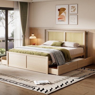 TIRAMISUBEST Full/Queen Size Platform Bed with 4 Storage Drawers and Rattan Headboard, Wooden Storage Bed Frame with Slats Support