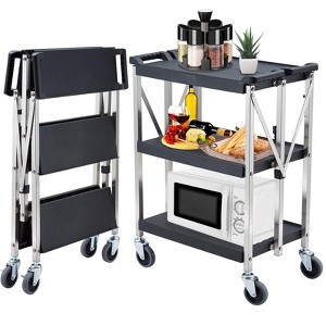 3 Tier Stainless Steel Trolley Cart - Foldable Utility Serving Storage Rolling Car Shelf with Wheels, Trolleys for Hotel Restaurant Catering Trains - 1 of 4