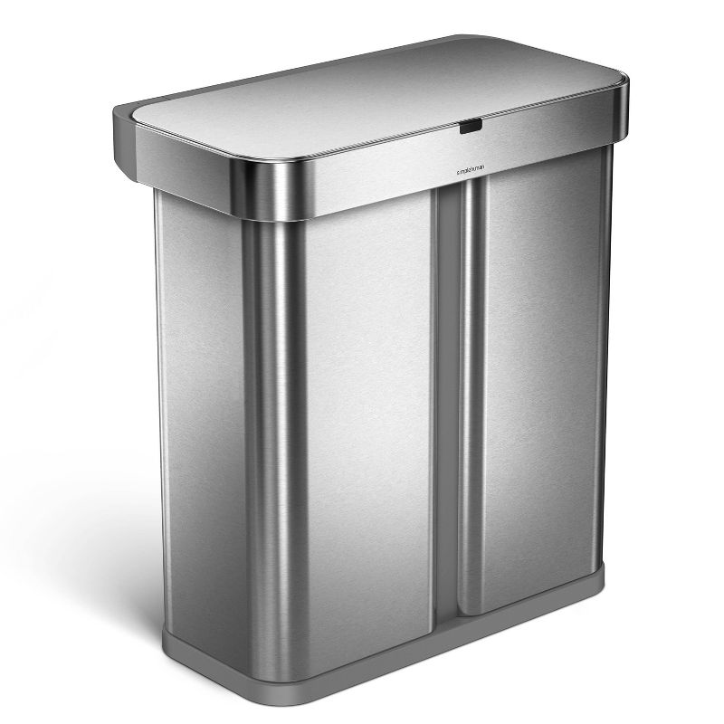 simplehuman 58L Voice and Motion Dual Compartment Rectangular Sensor Trash Can Brushed Stainless Steel, 1 of 5