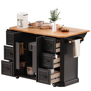 Gulches 56" Black Rustic Kitchen Island - Rolling Cart with Rubber Wood Veneer Drop Leaf, Power Outlet, 6 Drawers, 4 Door Racks - 1 of 4