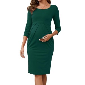 INSPIRE CHIC Women's Maternity Crew Neck 3/4 Sleeves Office Back Zipper Work Pregnancy Dresses - 1 of 4