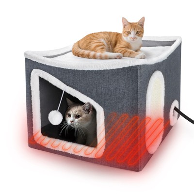 JOEJOY Indoor Heated Cat House with Safe Heating Design, Adjustable Temperature & Timer, Collapsible Pet Shelter with Scratcher and Fluffy Toy Ball