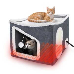 JOEJOY Indoor Heated Cat House with Safe Heating Design, Adjustable Temperature & Timer, Collapsible Pet Shelter with Scratcher and Fluffy Toy Ball - 1 of 4