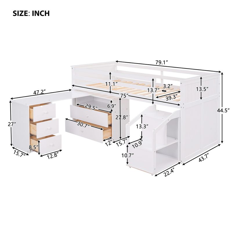 Twin Size Low Loft Bed With Storage Steps and Portable Desk-ModernLuxe, 4 of 13