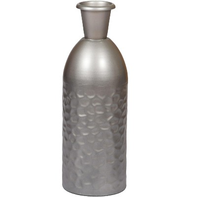Gunmetal Gray Hammered Iron Bottle-Shaped Table Vase, 13.5 Inch