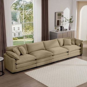 Modern Upholstered 4 Seater Fabric Sofa with Comfortable Back Cushions, Seat Cushions and Pillows, Light Beige Corduroy Sofa , - 1 of 4