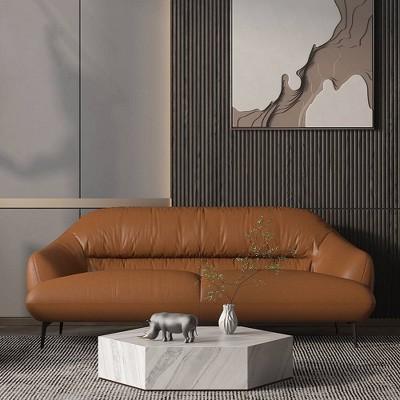 Cognac Leather Sloped Armrests 88'' Sofa with Metal Legs
