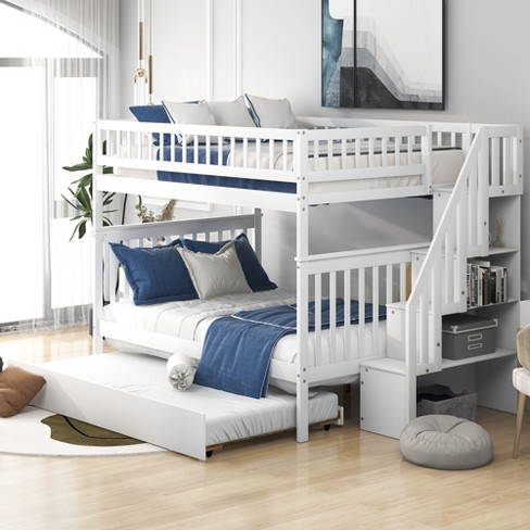 Full Over Full Bunk Bed With Trundle And Staircase, White - Modernluxe ...