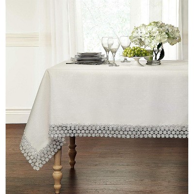 Kate Aurora Lux Living Textured Macrame Trimmed Off White Fabric Tablecloth
