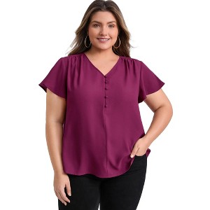 Women's Plus Size V Neck Button Decor Ruffle Sleeve Pleated Casual Loose Fit Blouses - GRACE & GRANDEUR - 1 of 4