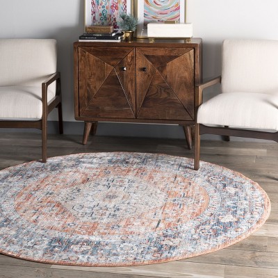 Zara Blue and Rust Synthetic Oval Medallion Area Rug 5' x 8'