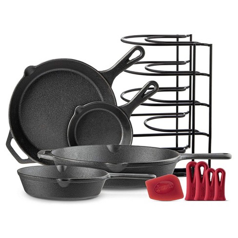 Cuisinel 5 Piece Kitchen Essential Pre Seasoned Cast Iron Chef Cookware Set  With 4 Skillets, Heatproof Handle Covers, Rack Organizer, And Pan Scraper :  Target