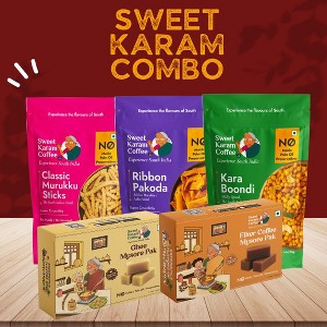 Shastha Sweet Karam Coffee Combo B - Classic Murukku , Karaboondi , Ribbon Pakkoda , Coffee Maysore Pak , Ghee Mysore Pak - Pack of 5 - 1 of 4
