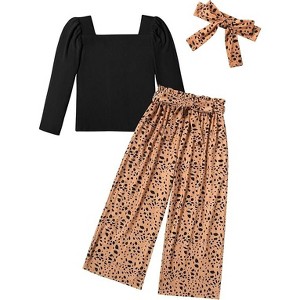 Arshiner Girls Clothing Sets Square Neck Rib Knit Shirts + Stylish Wide Leg Pants + Headband Cute 3pcs Fall Clothes Outfits - 1 of 4
