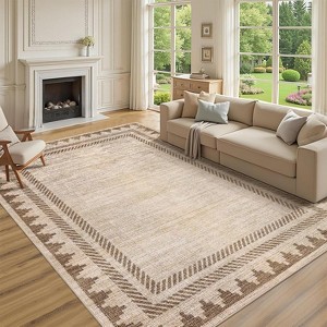 Coucheta Modern Washable Area Rug, Neutral Geometric Border Low Pile Rug, Non-Slip & Non-Shedding Carpet for Living&Dining Room, Hallway&Bedroom - 1 of 4