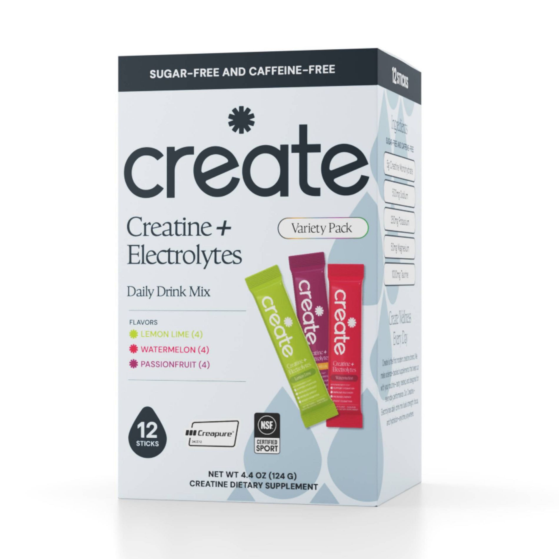 Create Wellness Creatine + Electrolytes Mix Monohydrate Stick Packs NSF Certified for Sport - Variety Pack - 12ct