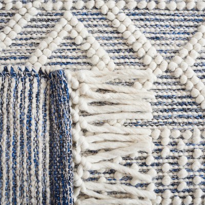 Ivory and Blue Hand-Knotted Wool Cotton Square Rug