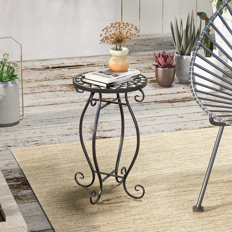 Costway Mosaic Outdoor Side Table, Round End Table with Weather Resistant Ceramic Tile Tabletop, 5 of 11