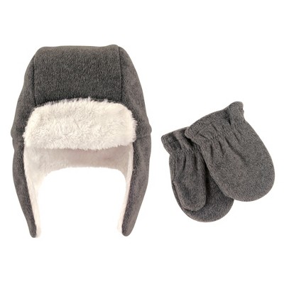 Hudson Baby Infant Fleece Trapper Hat and Mitten 2pc Set, Heather Charcoal, 0-6 Months