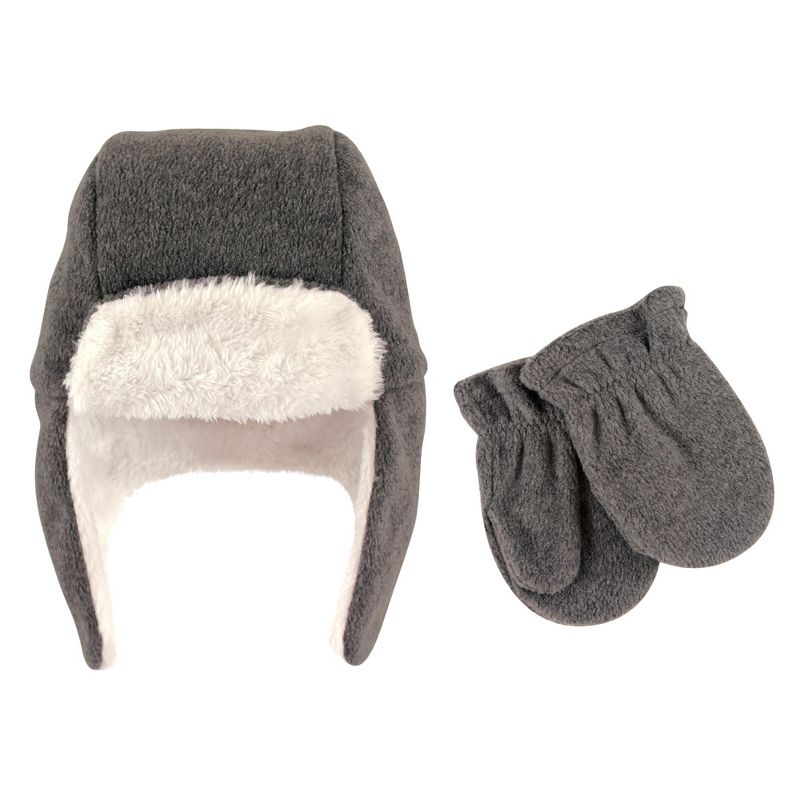 Hudson Baby Toddler Fleece Trapper Hat and Mitten 2pc Set, Heather Charcoal, 1 of 3